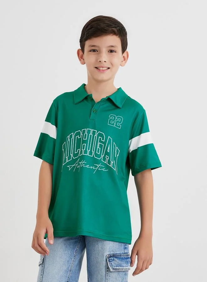 Styli Styli Boys Dark Green Printed Polo T-Shirt